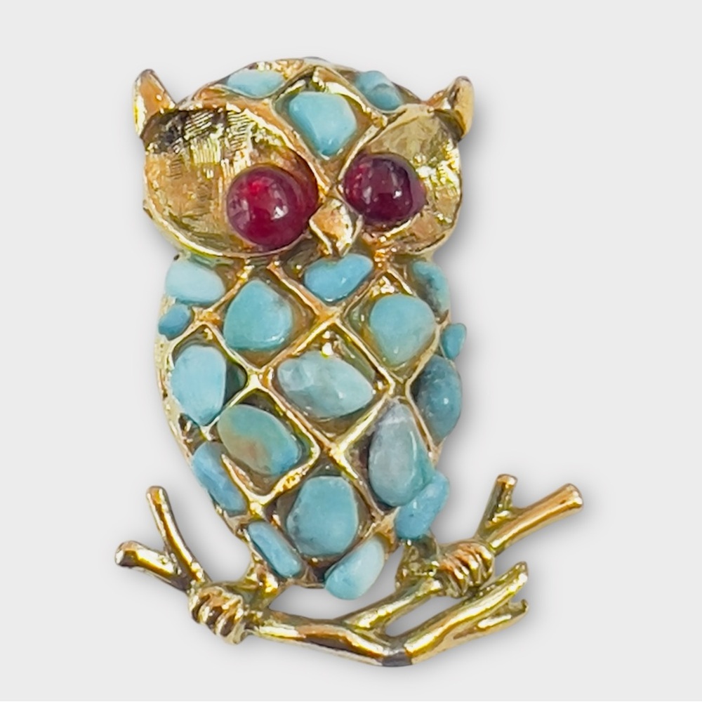 SOLD Collectible Signed Vintage Swoboda Garnet Eyed Owl Turquoise Brooch Pin